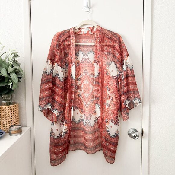 🦋 AMERICAN EAGLE Floral Bohemian Print Cardigan Cover Up Kimono Medallion XS/S - Picture 2 of 5